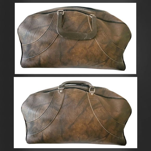 Vintage 1970s Brown Faux Leather Overnight Bag UK Made Weekend Travel Satchel - Picture 2 of 14